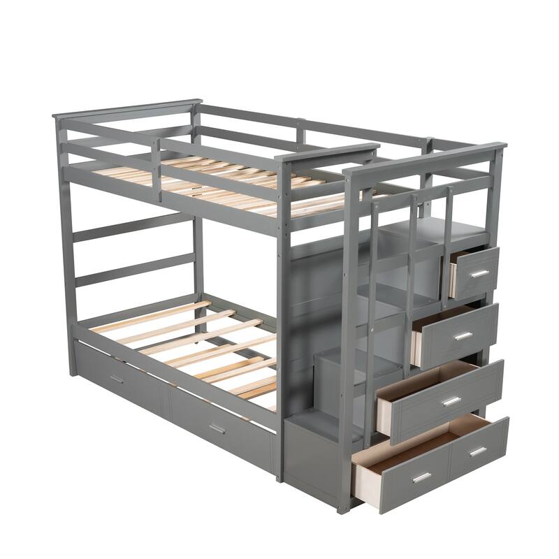 Solid Wood Bunk Bed with Trundle and Staircase