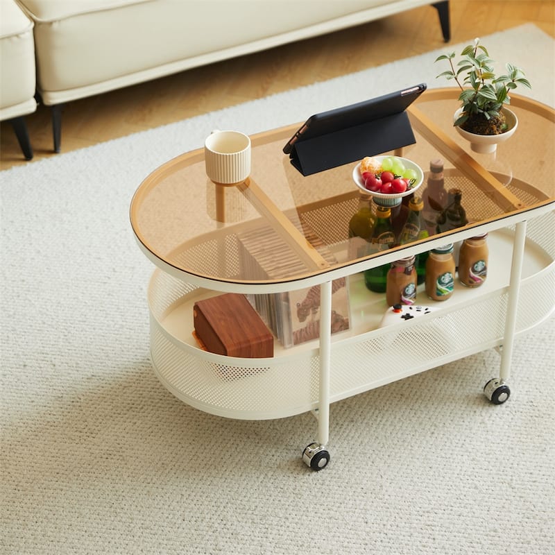 Rolling Oval Metal Coffee Table with Storage and Glass Top