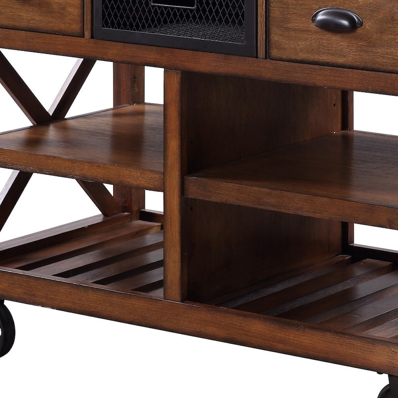 HomeRoots Brown And Silver 48" Rolling Kitchen Cart With Storage - 48.00 in. x 36.00 in. x 26.00 in.