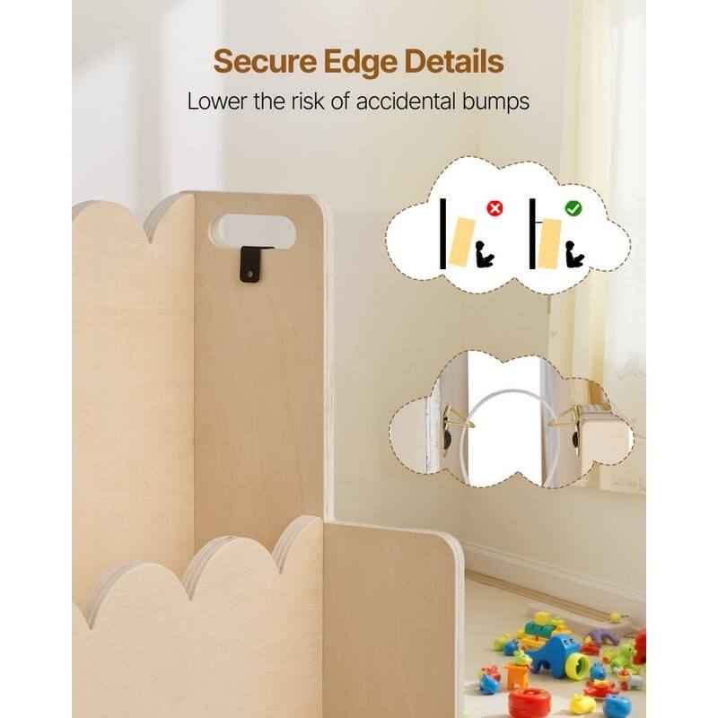 Natural Wood Kids Montessori Bookshelf with 3 Compartments and Side Hooks for Toys and Supplies - 29.53 x 10.63 x 27.56 in