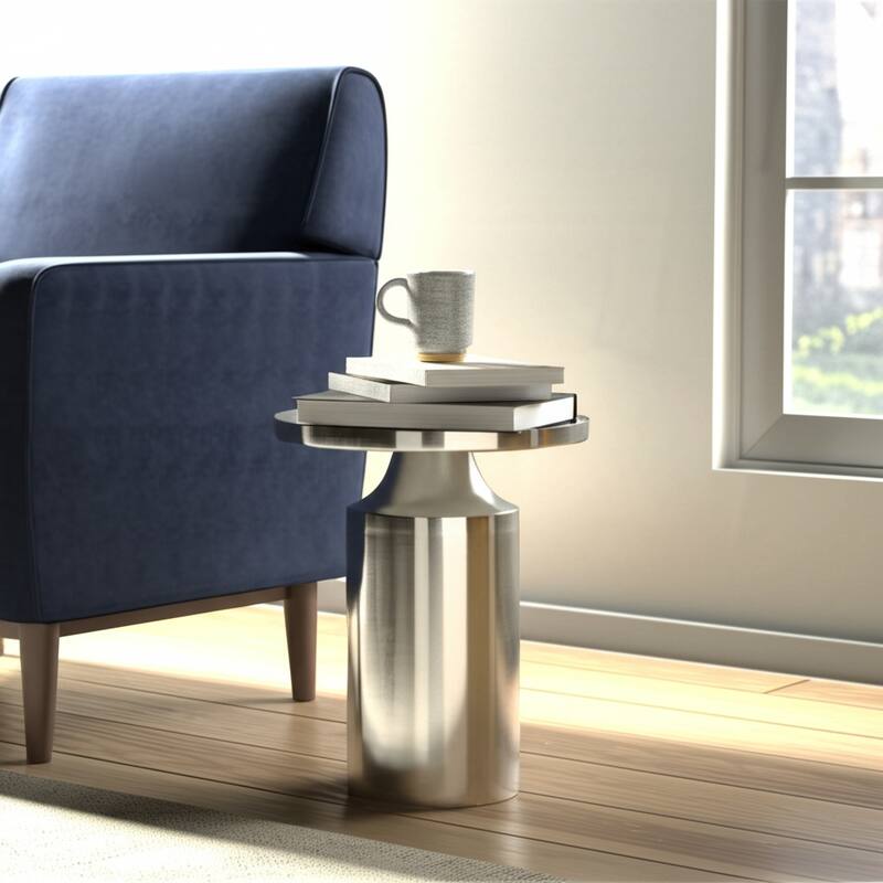 Iron Side Table Cylindrical Base Round Tray Top Narrow - 19" Silver - 14" x 14" x 19.25"
