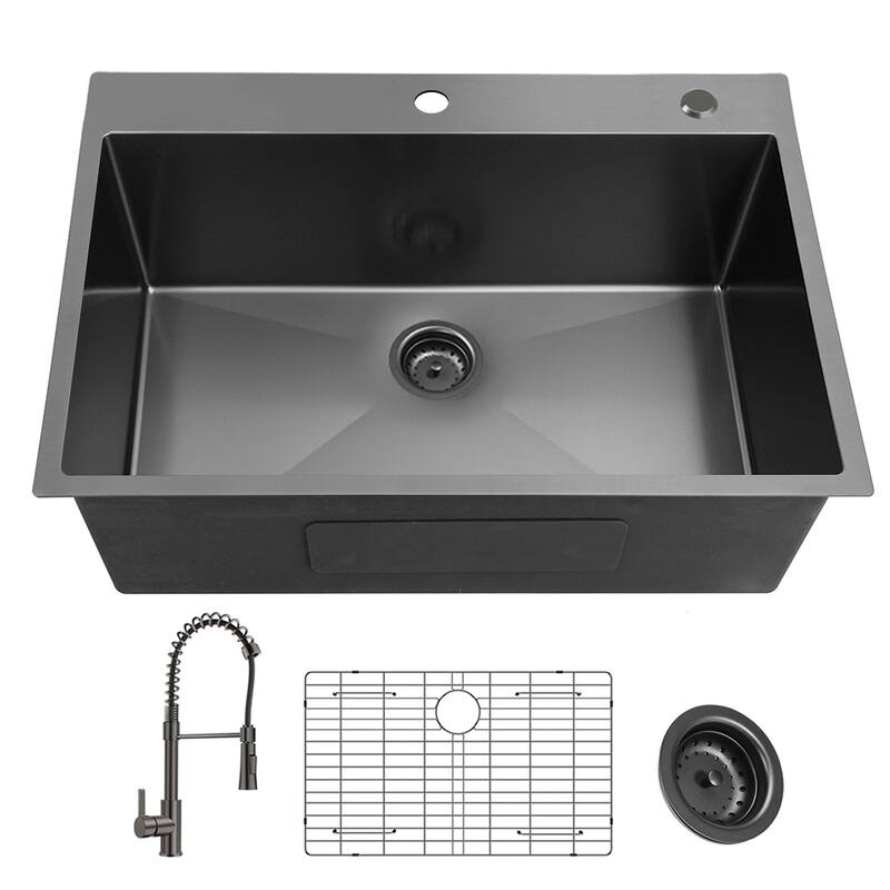 Topmount 18Gauge Stainless Steel kitchen Sink With Black Spring Neck Faucet
