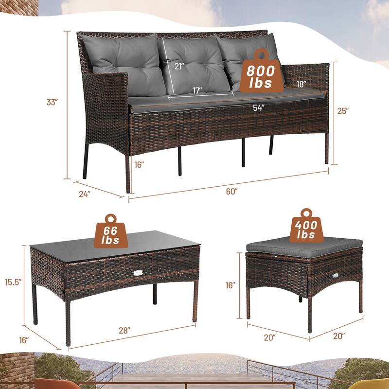 Gymax 3PCS Patio Rattan Sectional Conversation Furniture Set w/ Grey