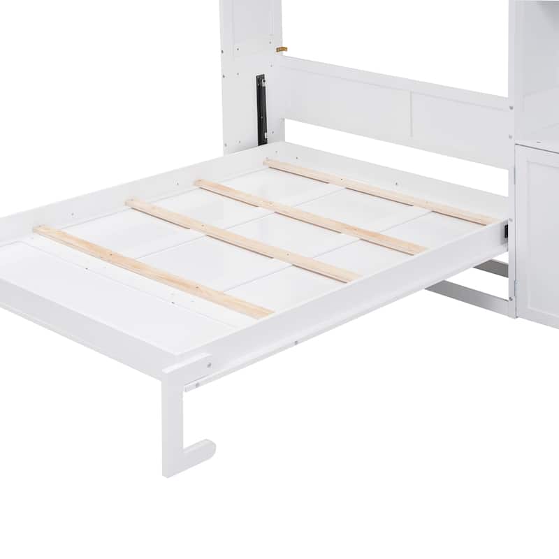 White Full Murphy Bed with Multiple Storage Shelves and Cabinet