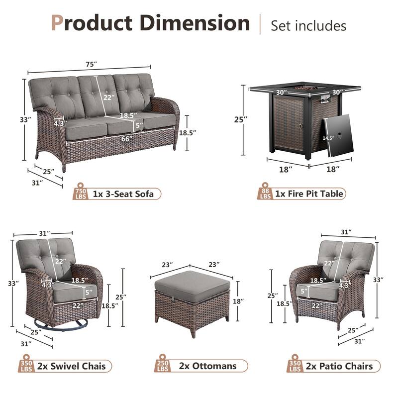 Pocassy Outdoor 30 In Fire Table with Sofa Patio Swivel Chair Set