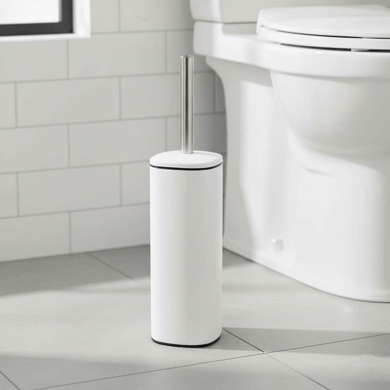 Square Metal Toilet Brush and Holder with Sturdy Handle Splash Guard - 3.12"L x 3.12"W x 15.8"H - White