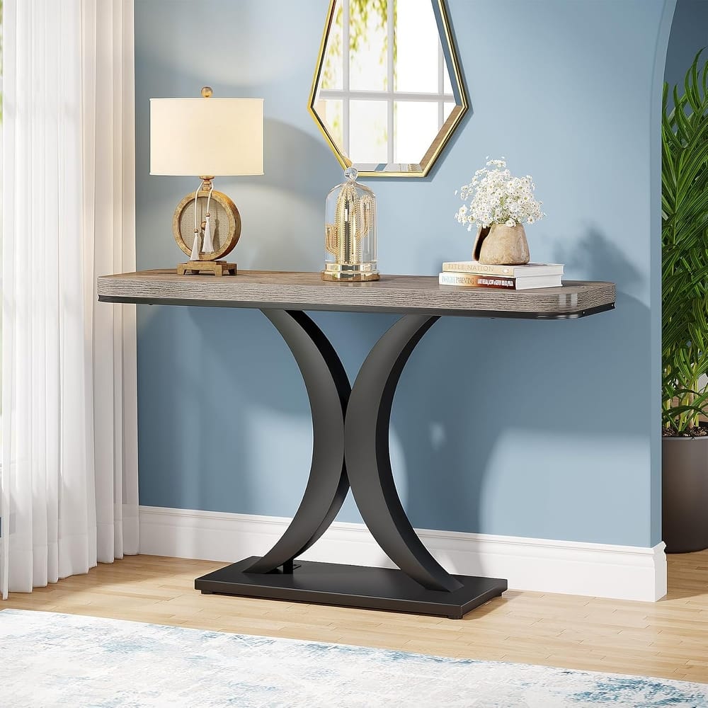 Wood Narrow Console Table with Geometric Base - 39.4" L x 11.8" D x 32.7" H