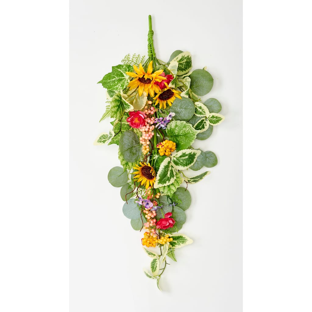 28" Artificial Sunflower, Berries and Leaves Floral Teardrop - 28