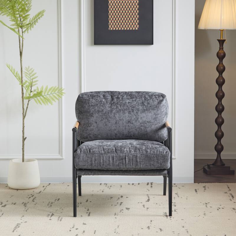 27.56" Modern Accent Chair w/ Plush Cushions & Minimalist Metal Frame & Wooden Armrest Design