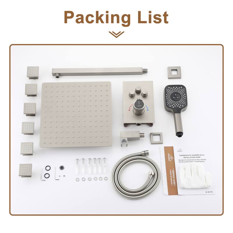 Wall Mount 12 Inch Rainfall Shower Head 3 Function Thermostatic Shower System with 6 Body Jets