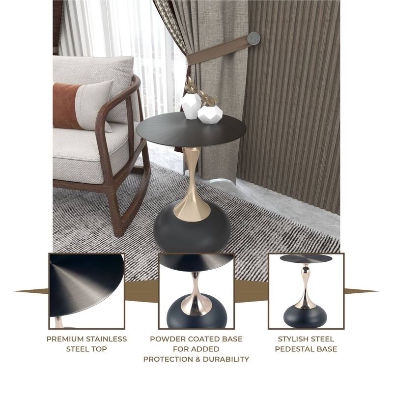 Savoy Round Side Table Stainless-Steel Black Top and Pedestal Base for Home Office Living Room