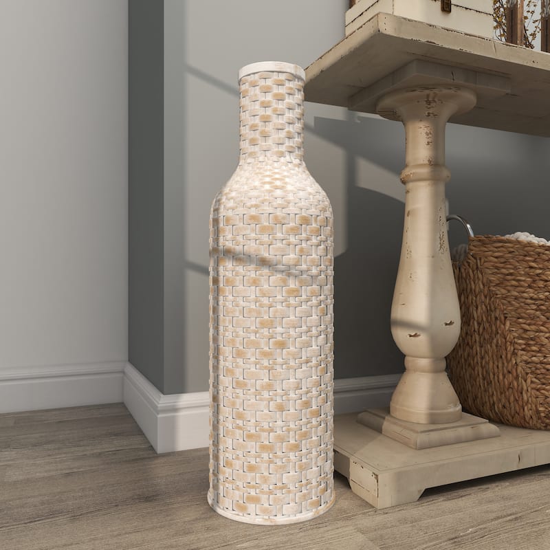Intricately Woven Tall Bamboo Wood Floor Vase - White or Brown
