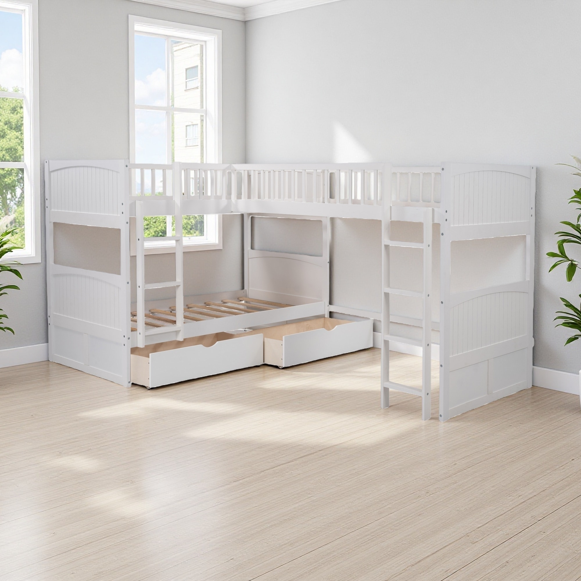 Twin Size Wood Triple Bunk Bed with Loft and Two Drawers