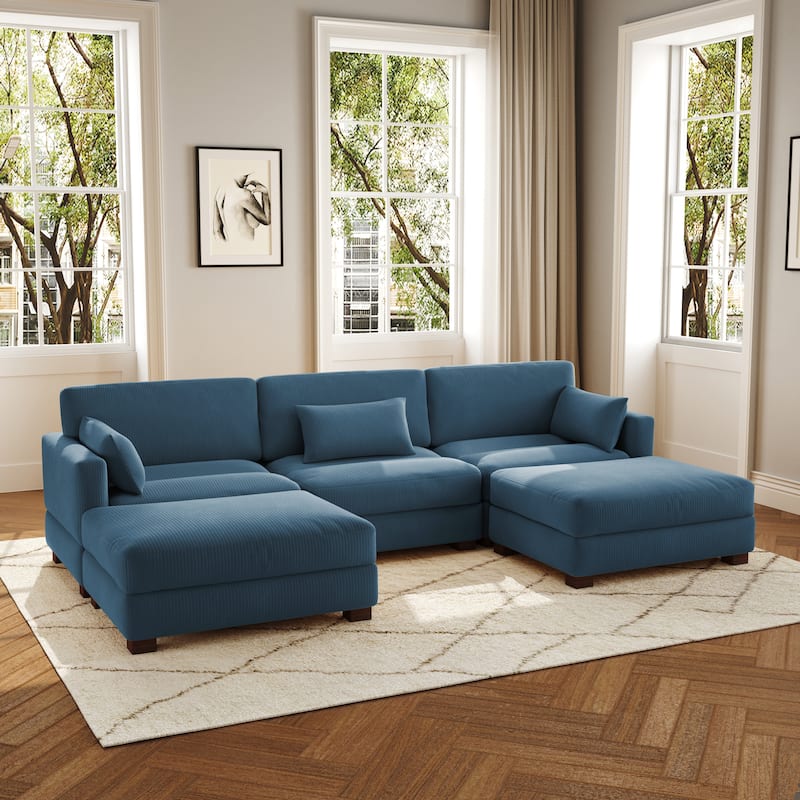 5-Piece U Shaped Couch Modular Sectional Sofa with Ottoman - Navy