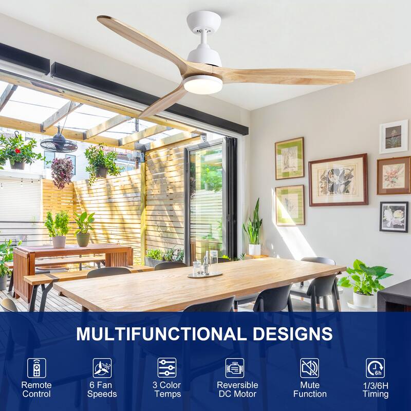 YUHAO SylvanAir Modern 52 in. Flush Mount Outdoor/Indoor Ceiling Fan with 3 Solid Wood Blades and DC Reversible Motor