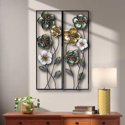 Metal Green, White, and Gold Wild Flowers Wall Decor (Set of 2)