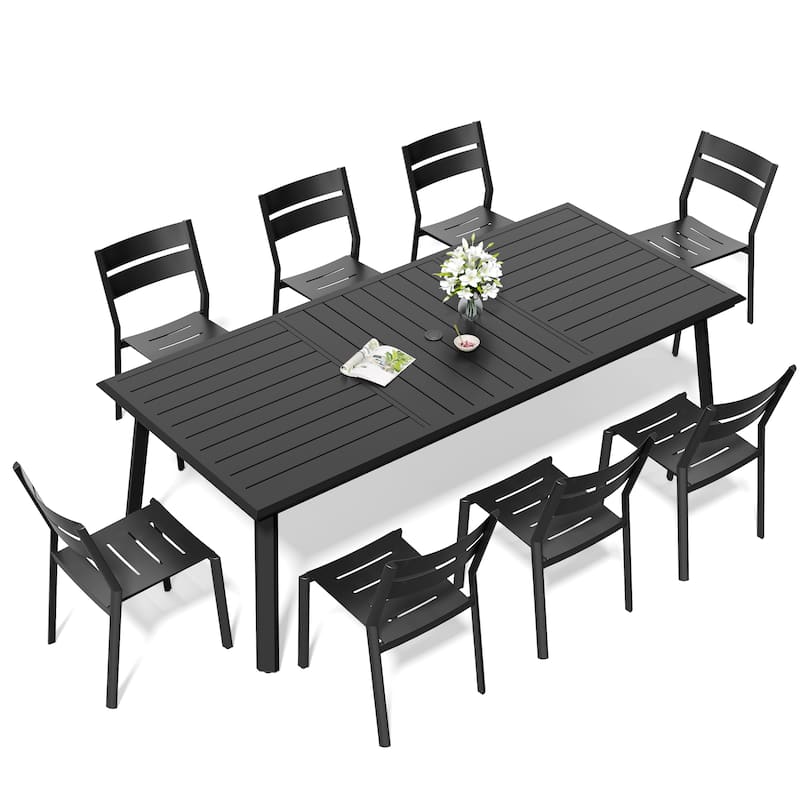 9PC Patio Outdoor Aluminum Dining Set with Umbrella Hole with Stackable Chairs