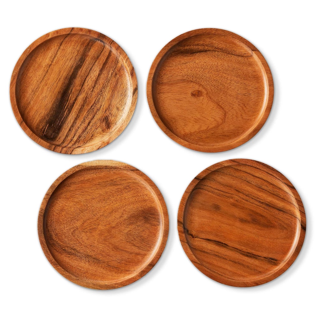 Acacia Wood Dining Plates Set of 4 Natural Appetizer Plates Everyday Use Hand Wash Only 7x7 inches