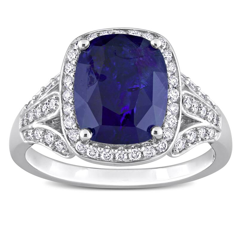 Miadora 5ct TGW Cushion Blue Sapphire and 5/8ct TDW Diamond Halo Cocktail Ring in 14k White Gold