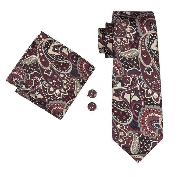 Khaki Brown Plaid Classic Silk Necktie Tie Hanky and Cufflinks Set For Men