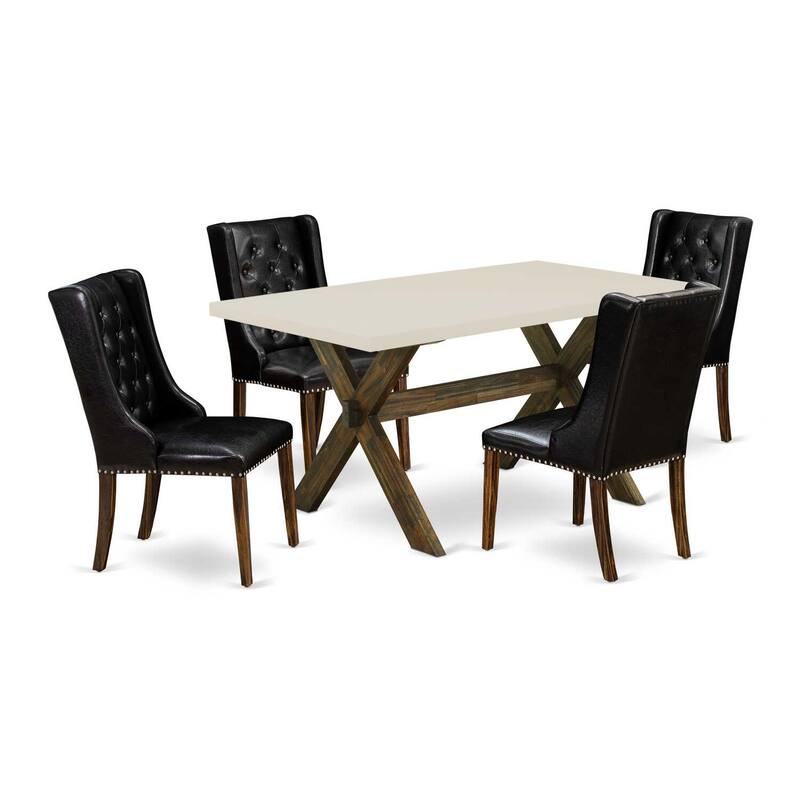 HomeStock 5-Piece Distressed Jacobean Finish Solid Wood Top Dining Table with 4 Upholstered Chairs