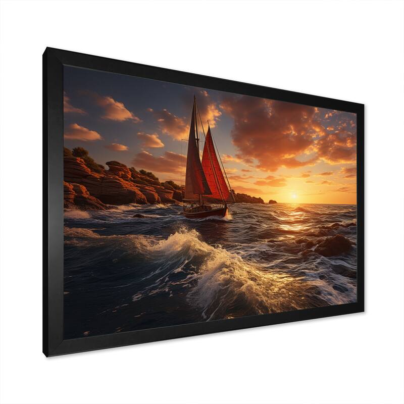 Designart "Spain Sunset Sail I" Nautical & Beach Framed Wall Art Prints