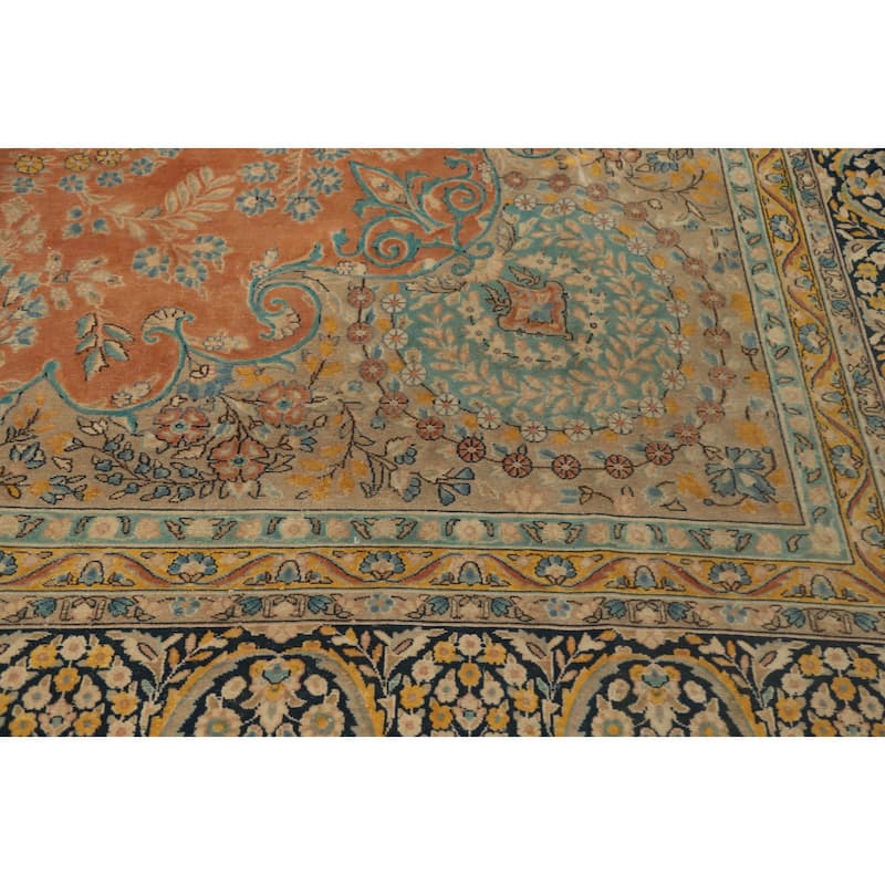 Hand Knotted Oriental 100% Wool Carpet Traditional Floral Oranges & Rust Kerman Area Rug - 13' 7'' X 10' 0''