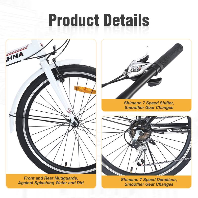 24" Folding City Bike, Shimano 7 Speed Road Cycling Bicycle with Dual V-Brake, Steel Frame for Teens, 16 Years and Up