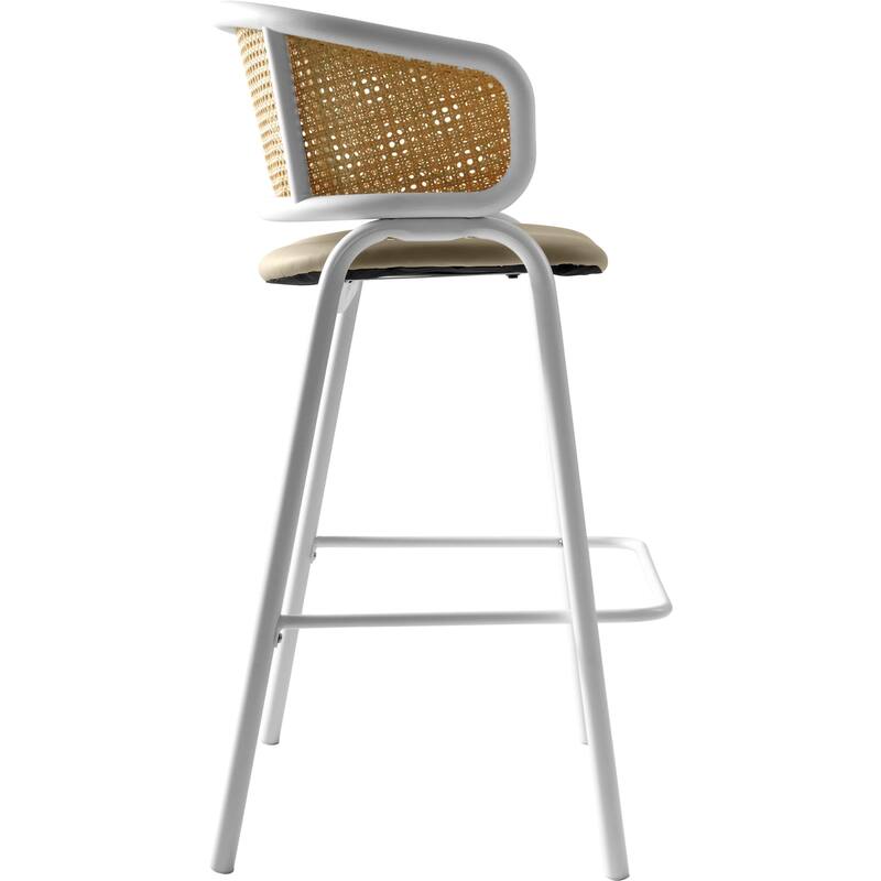 LeisureMod Ervilla Set of 2 Modern Wicker Leather Bar Stool with Curved Back & White Steel Frame for Home Office Dining Room