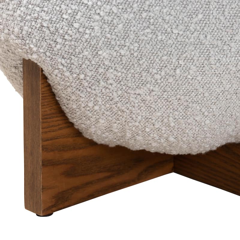 Fisk Japandi Cream Boucle Fabric and Walnut Brown Finished Wood Ottoman Footstool