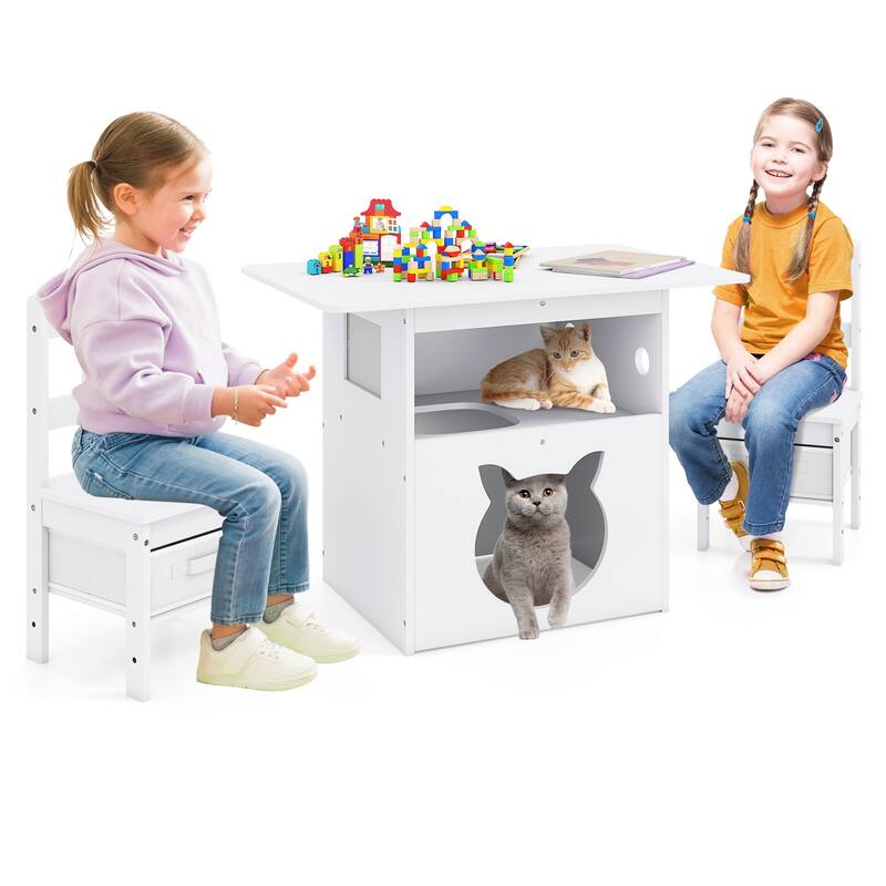 White Kids Table and Chair Set with Storage Bins Cat Shaped 2 in 1 Play and Study Furniture for Playroom or Bedroom