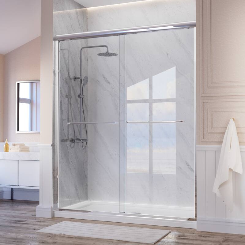 i-Homare 59'' W X 72'' H Semi-Frameless Double Sliding Shower Door with 2 Towel Bars - Chrome