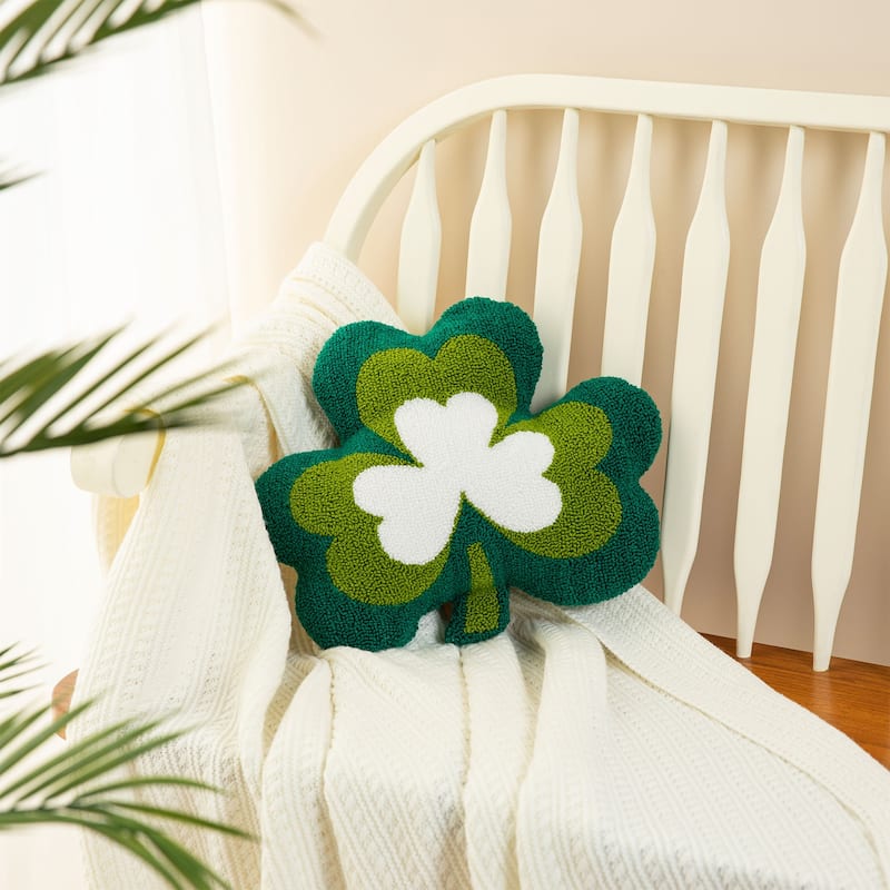 Glitzhome 14"L St. Patrick's Hooked Shamrock-shaped Pillow