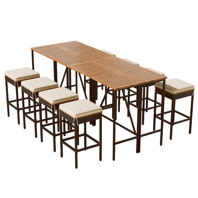 10-Piece Patio Bar Set with Foldable Acacia Wood Table and 8 Cushioned Wicker Stools