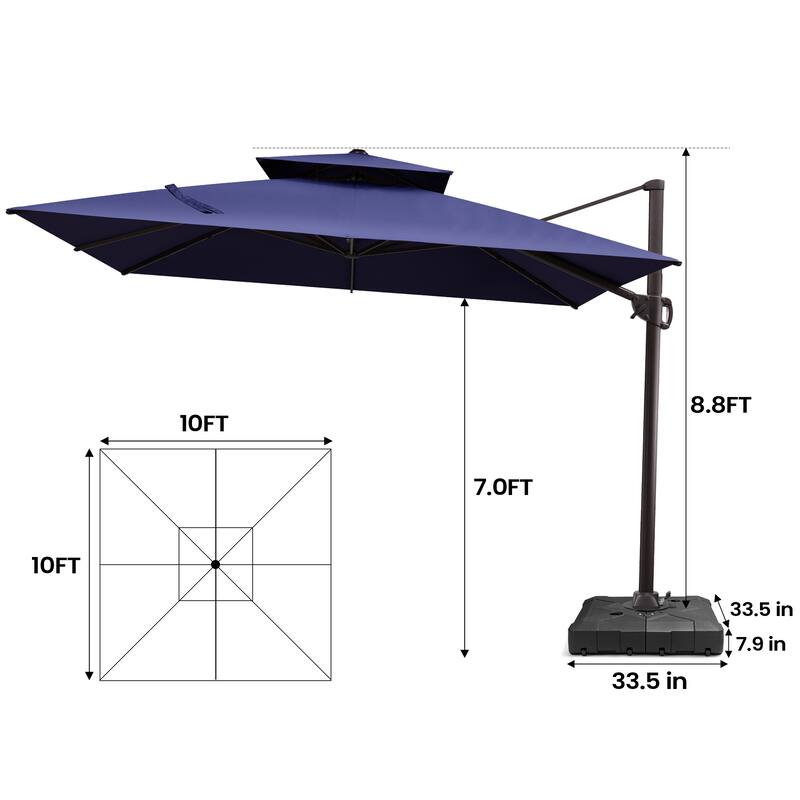 Pellebant 10 ft Square Patio Cantilever-Offset Umbrella 360 Degree Rotation with Wheel Base