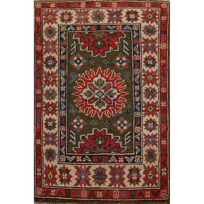 Green Geometric Kazak Oriental Foyer Rug Hand-Knotted Wool Carpet - 2'0"x 3'0"