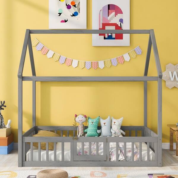 slide 2 of 15, Full Size Wood House Bed with Roof, Fence and Door, Wooden Bedframe Gray