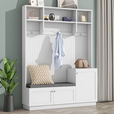 Hall Tree With Comfort And Storage Solutions, Functional Hallway Shoe Cabinet With Bench&Cushion,Coat Rack With Hooks