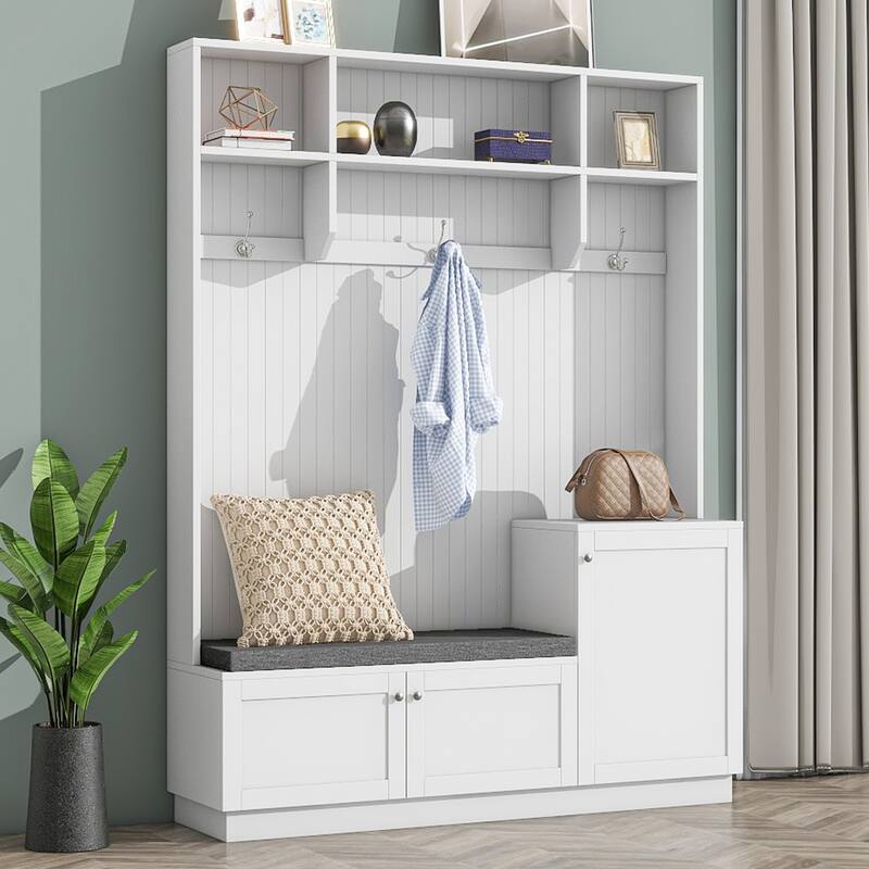 Upholstered Bench Shoe Bench with Storage Cabinets and Hooks, Coat Rack Entryway Bench with Storage Compartments