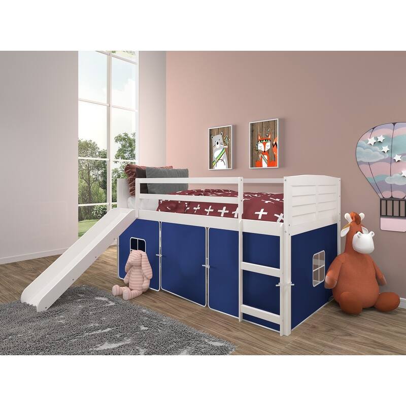 Twin Louver Low Loft with Slide in White - Twin Loft - Blue Tent