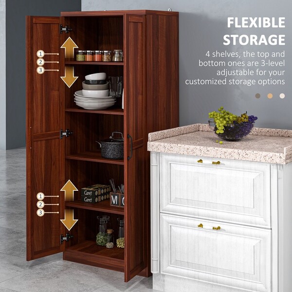 Aisword 2 Door Kitchen Pantry Freestanding Storage Cabinet with 5 Tier Shelving and 2 Adjustable Shelves Tan
