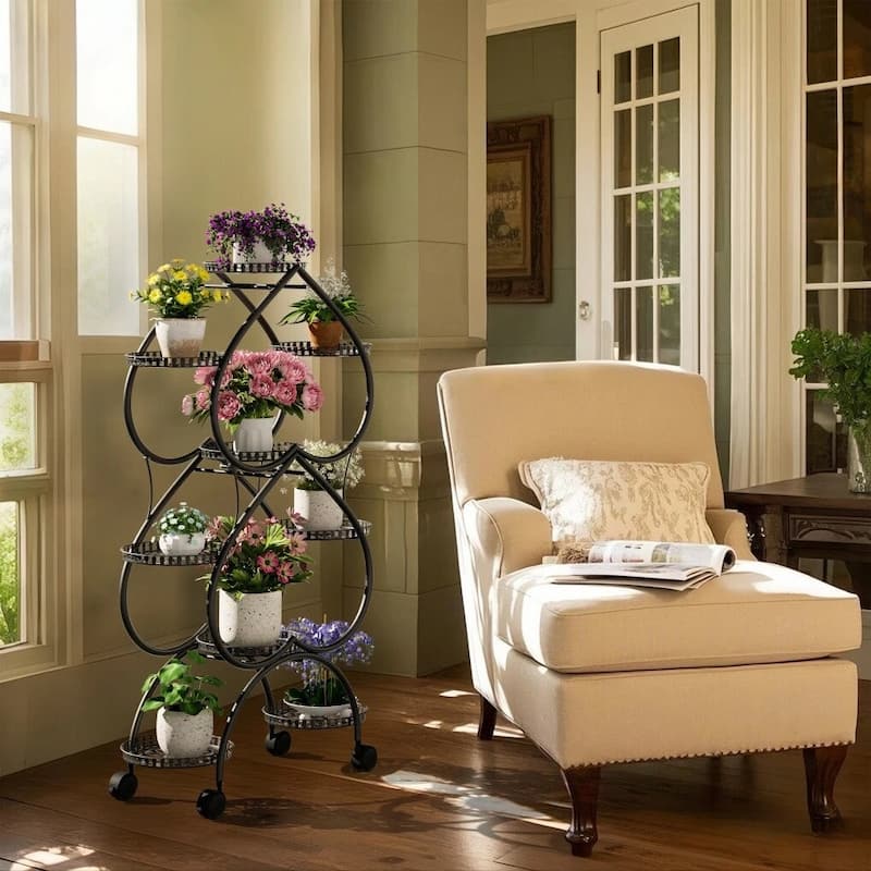 Iron Metal Plant Stand 9-Potted Flower Holder with Wheels Display Rack - 28.7x11.8x48.8 inch - Black