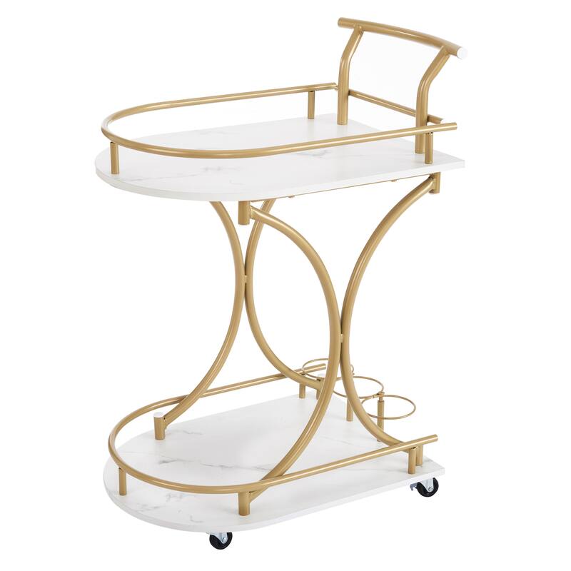 2-Tier Bar Cart on Wheels, Modern Mobile Bar Trolley Serving Cart with Wine Rack, White+Gold