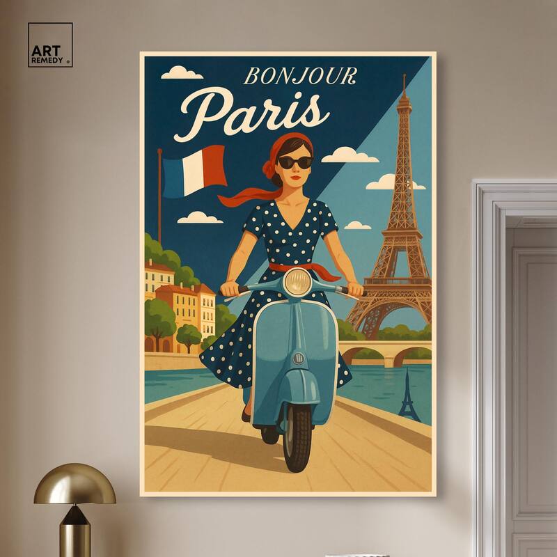 Scooter French Travel Canvas by Art Remedy, Gallery Wrapped