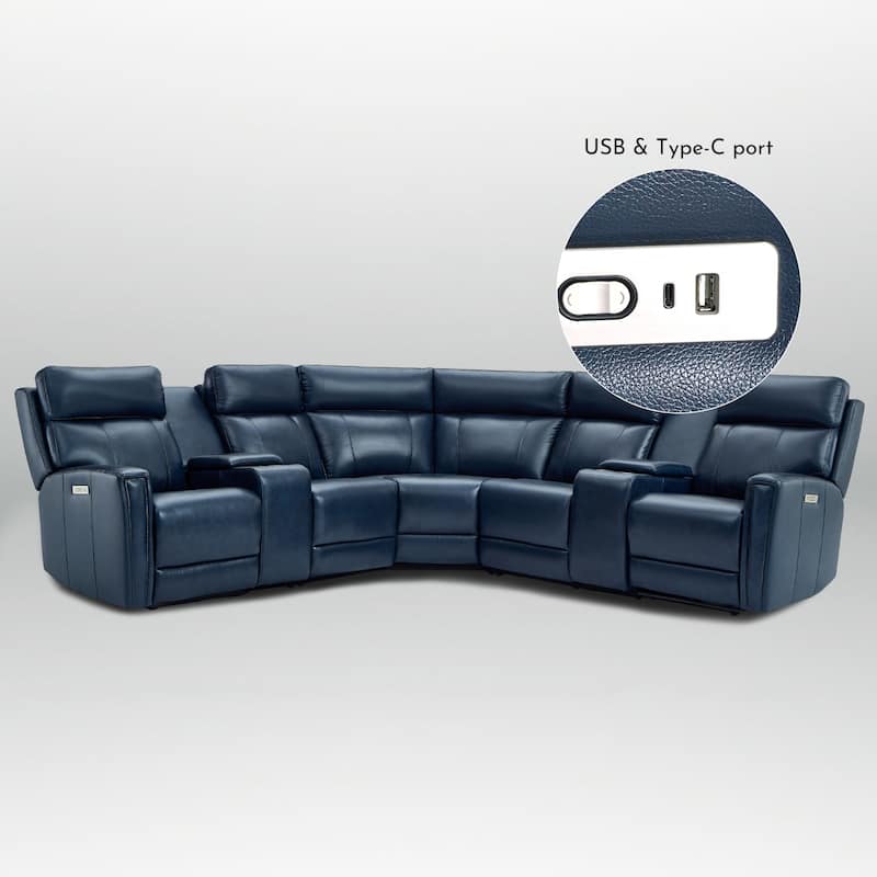 7PCS, 3 Power Recliners, Leather Reclining Sectional with Power Headrest & Lumbar, USB Port & USB-C Port