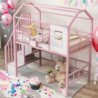 Multi-functional Twin Size Loft Bed with Roof Design and A Storage Box