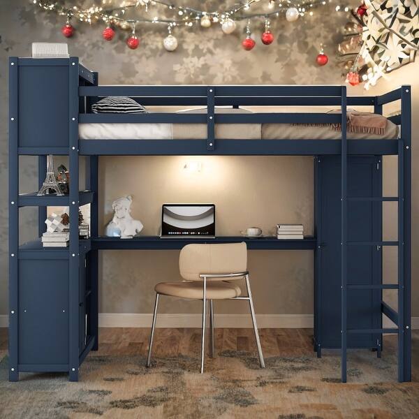 slide 2 of 13, Full Size Wood Loft Bed with Cabinet and Bookshelf-Dark Blue Dark Blue