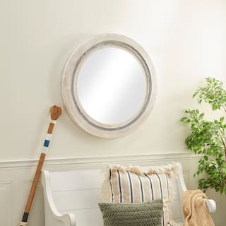 White Wooden Handmade Room Wall Mirror with Distressing - 34 x 3 x 34 Round