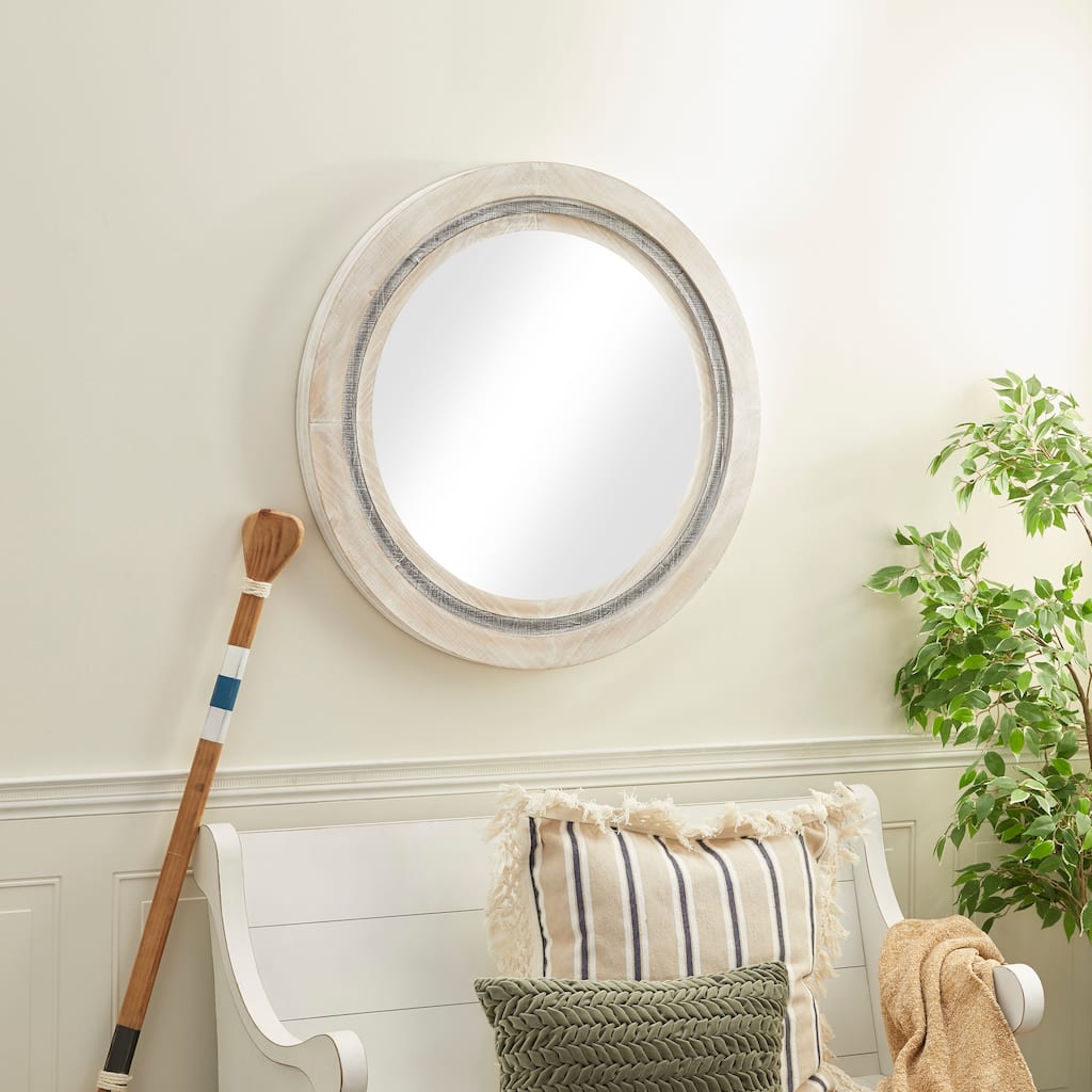 White Wooden Handmade Room Wall Mirror with Distressing - 34 x 3 x 34 Round