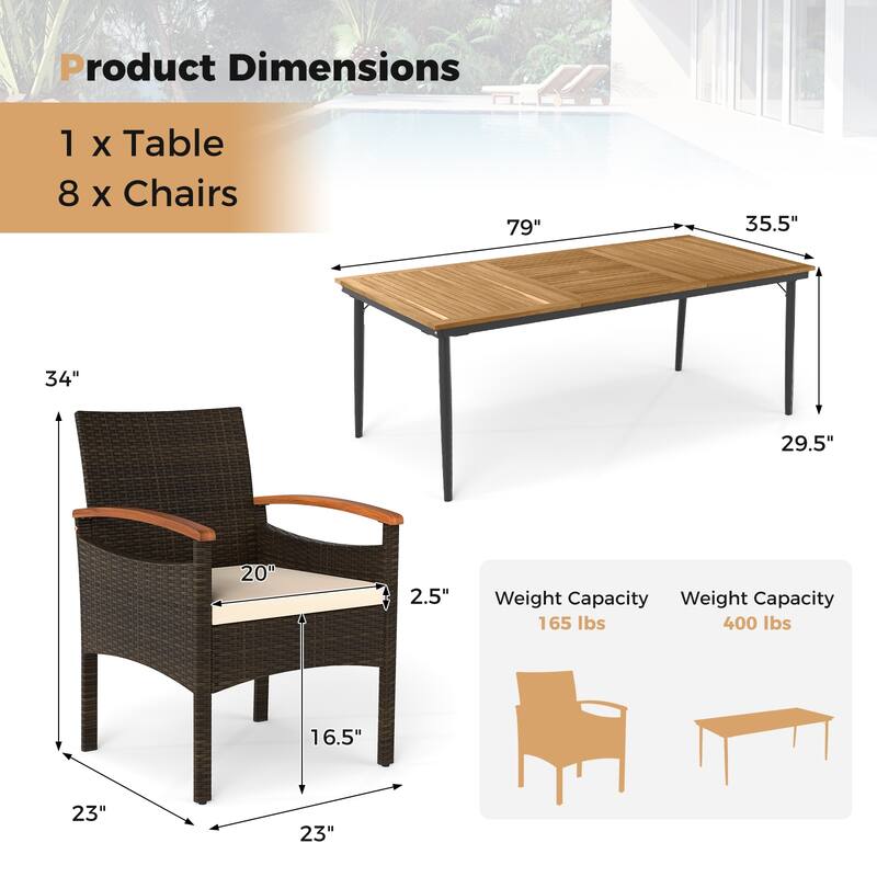 Gymax 9PCS Patio PE Wicker Dining Set w/ Cushions & 1.9'' Umbrella